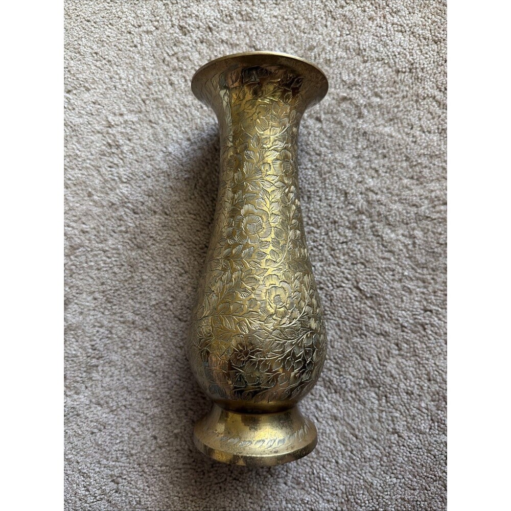Vintage Solid Brass Etched Floral Design Vase 8.5'' Tall Made In India